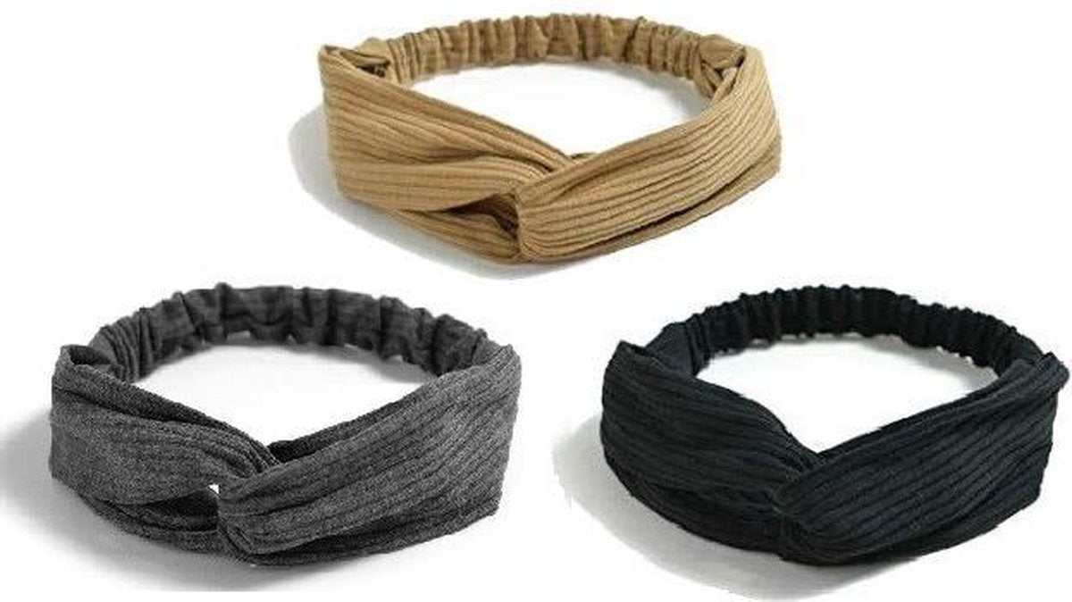 Set van 3 stuks | Gebreide dames haarbanden - zwart - donkergrijs - licht bruin | knoop cross knitted haarbanden - Meiden - tieners - dames