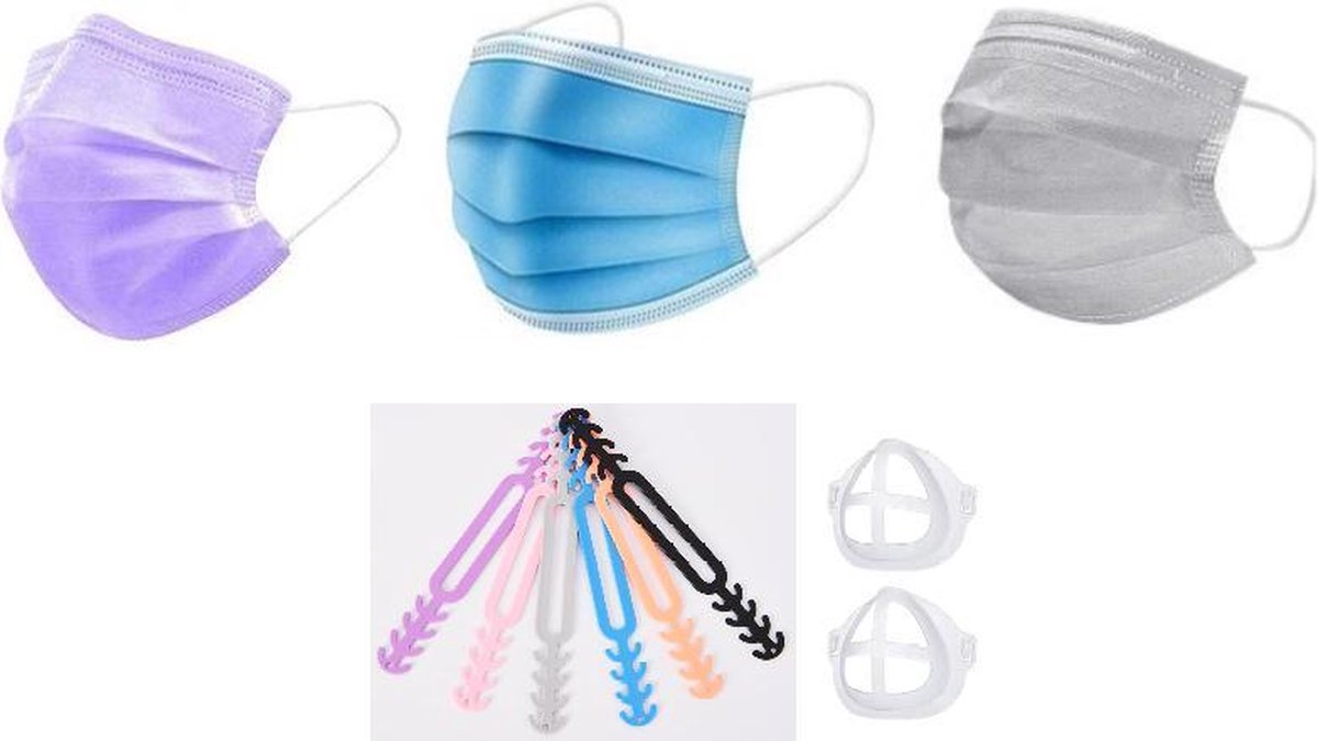 50 Paars + 50 Blauw + 50 Grijs Wegwerp Mondkapjes | Met gratis 5 Earsavers en 2 Beugels