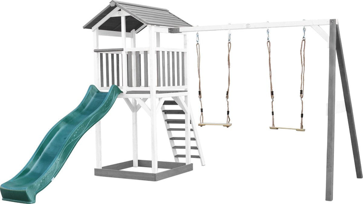 AXI Beach Tower Speeltoren met Dubbele Schommel Grijs/wit - Groene Glijbaan - Zandbak - FSC Hout