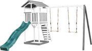 AXI Beach Tower Speeltoren met Dubbele Schommel Grijs/wit - Groene Glijbaan - Zandbak - FSC Hout