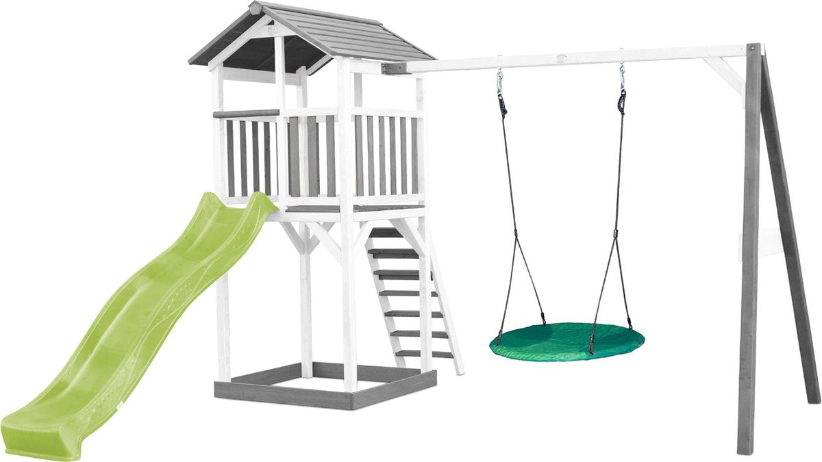 AXI Beach Tower Speeltoren met Summer Nestschommel Grijs/wit - Limoen Groene Glijbaan - Zandbak - FSC Hout