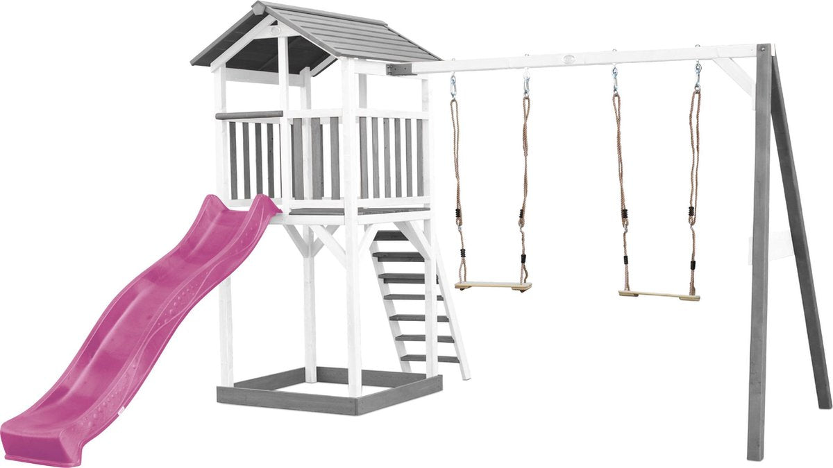 AXI Beach Tower Speeltoren met Dubbele Schommel Grijs/wit - Paarse Glijbaan - Zandbak - FSC Hout