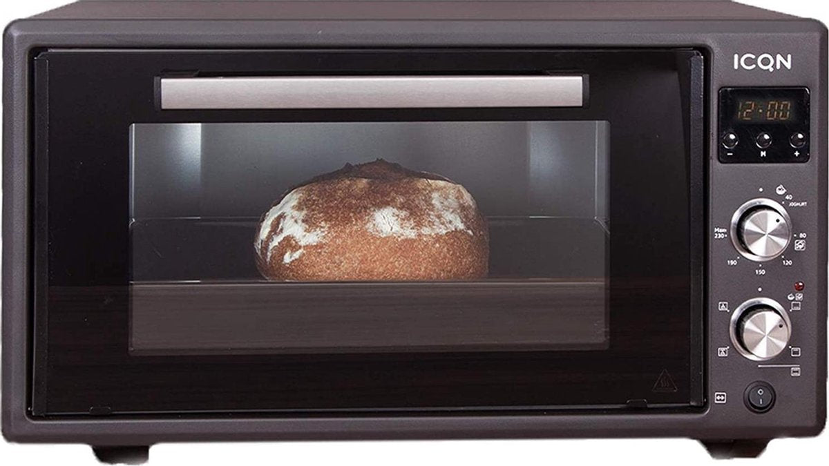ICQN Vrijstaande Oven met digitale timer - 50 Liter -  Dubbel glas - Hetelucht - Geëmailleerde interieur - Rotisserie functie - Inclusief bakplaat set - Antraciet