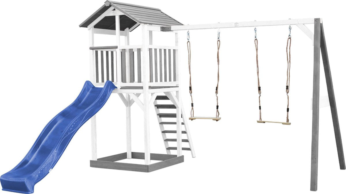 AXI Beach Tower Speeltoren met Dubbele Schommel Grijs/wit - Blauwe Glijbaan - Zandbak - FSC Hout