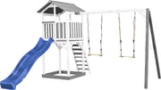 AXI Beach Tower Speeltoren met Dubbele Schommel Grijs/wit - Blauwe Glijbaan - Zandbak - FSC Hout
