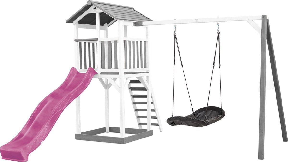 AXI Beach Tower Speeltoren met Roxy Nestschommel Grijs/wit - Paarse Glijbaan - Zandbak - FSC Hout