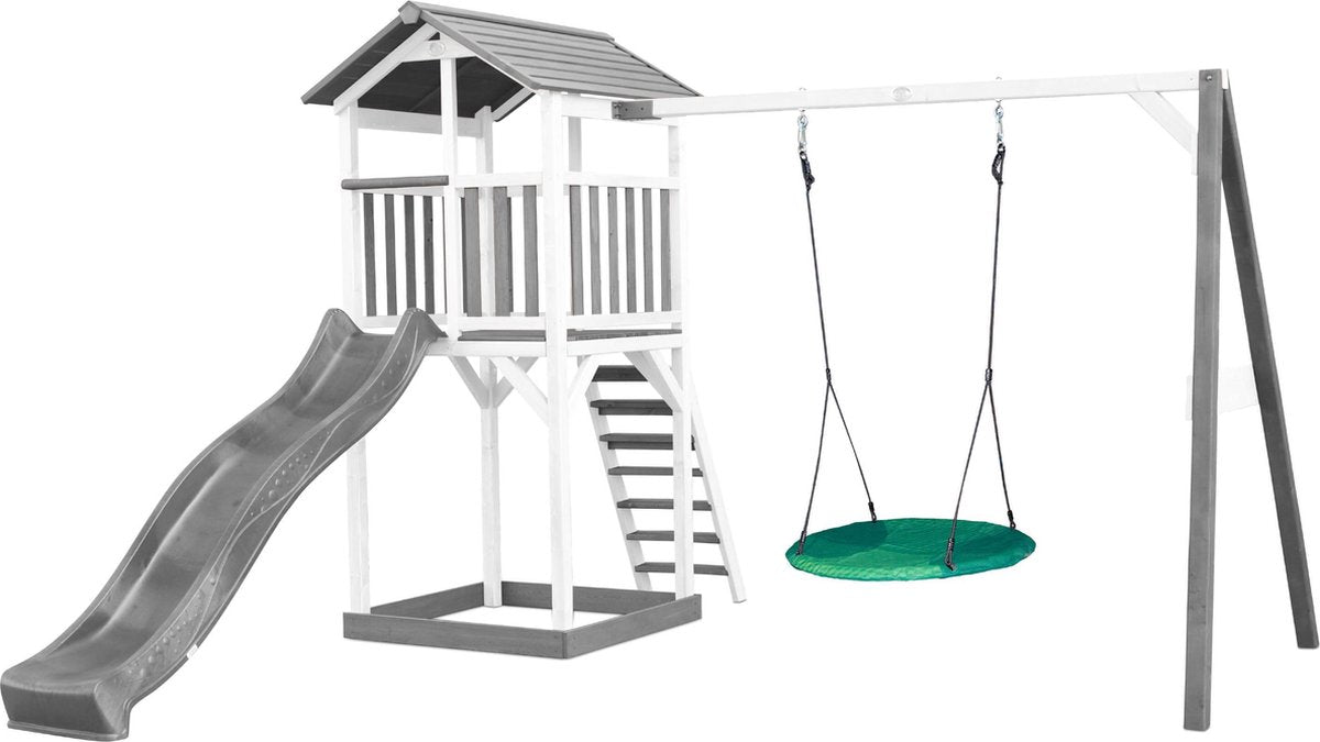 AXI Beach Tower Speeltoren met Summer Nestschommel Grijs/wit - Grijze Glijbaan - Zandbak - FSC Hout