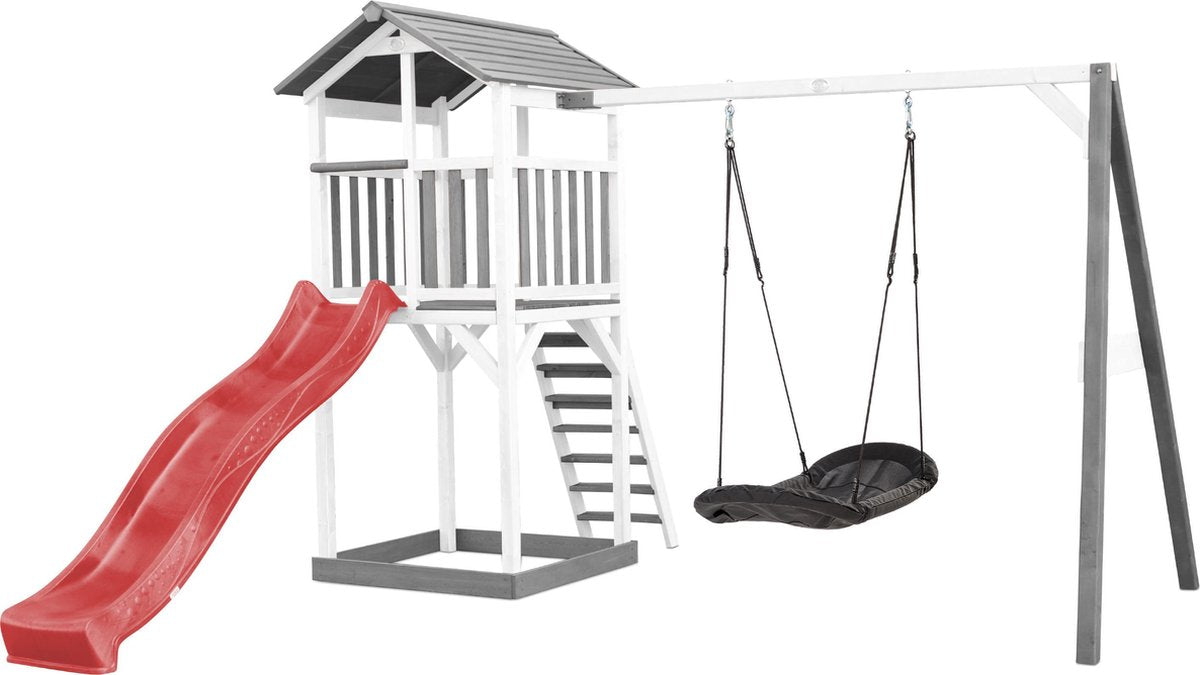 AXI Beach Tower Speeltoren met Roxy Nestschommel Grijs/wit - Rode Glijbaan - Zandbak - FSC Hout