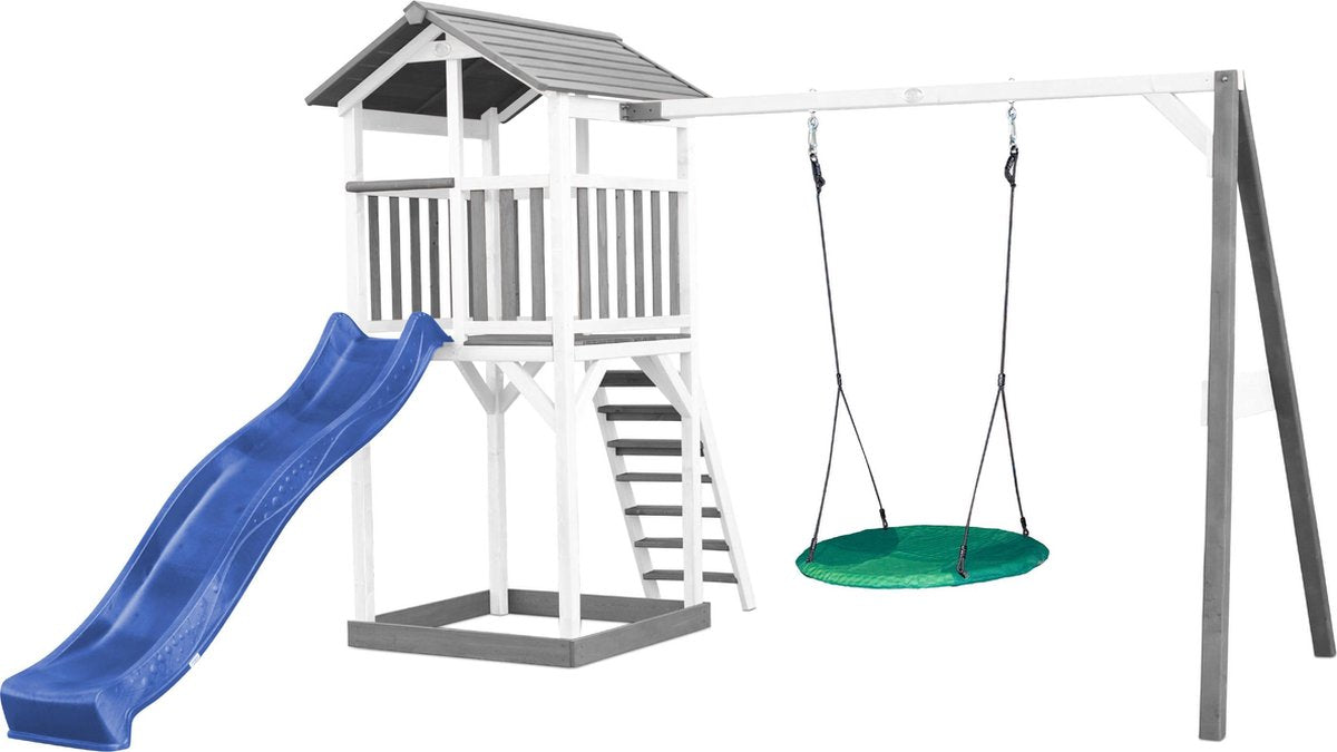 AXI Beach Tower Speeltoren met Summer Nestschommel Grijs/wit - Blauwe Glijbaan - Zandbak - FSC Hout