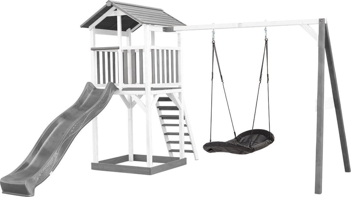 AXI Beach Tower Speeltoren met Roxy Nestschommel Grijs/wit - Grijze Glijbaan - Zandbak - FSC Hout
