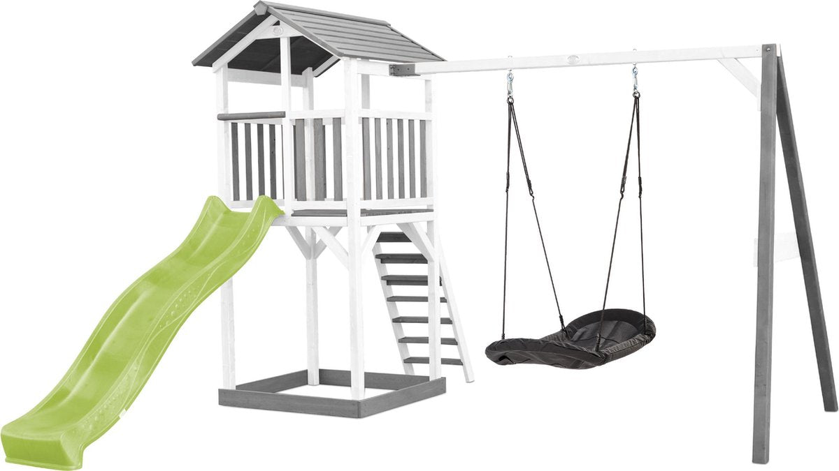 AXI Beach Tower Speeltoren met Roxy Nestschommel Grijs/wit - Limoen Groene Glijbaan - Zandbak - FSC Hout