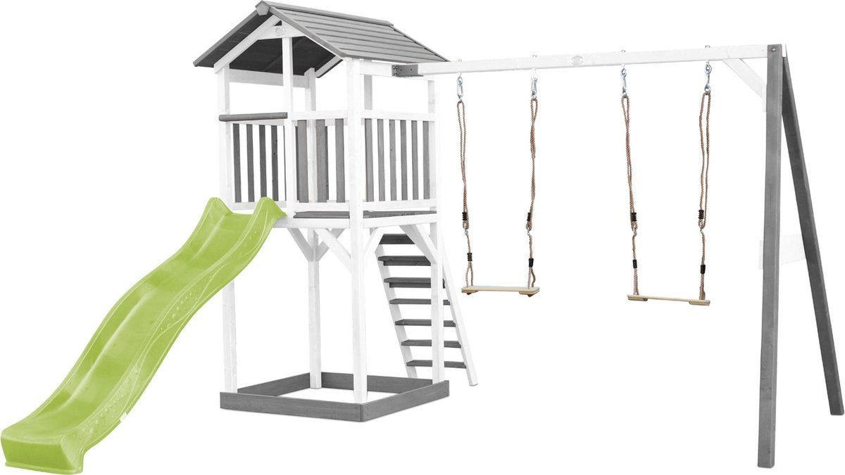 AXI Beach Tower Speeltoren met Dubbele Schommel Grijs/wit - Limoen Groene Glijbaan - Zandbak - FSC Hout