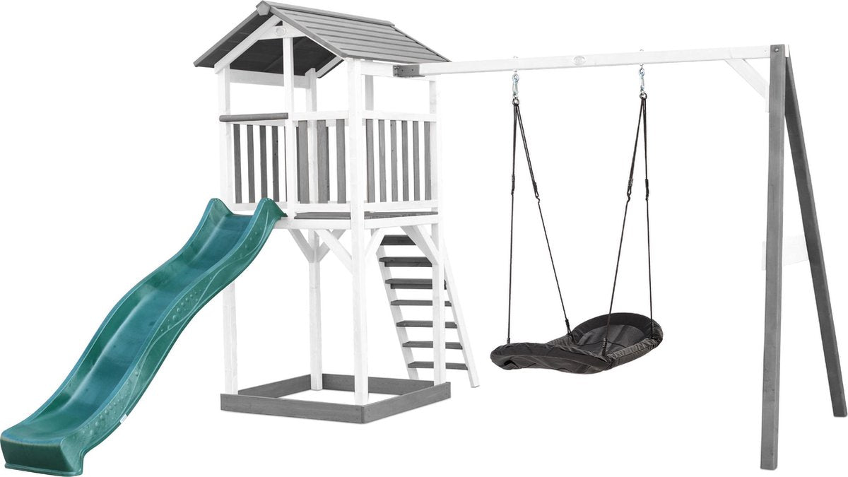 AXI Beach Tower Speeltoren met Roxy Nestschommel Grijs/wit - Groene Glijbaan - Zandbak - FSC Hout