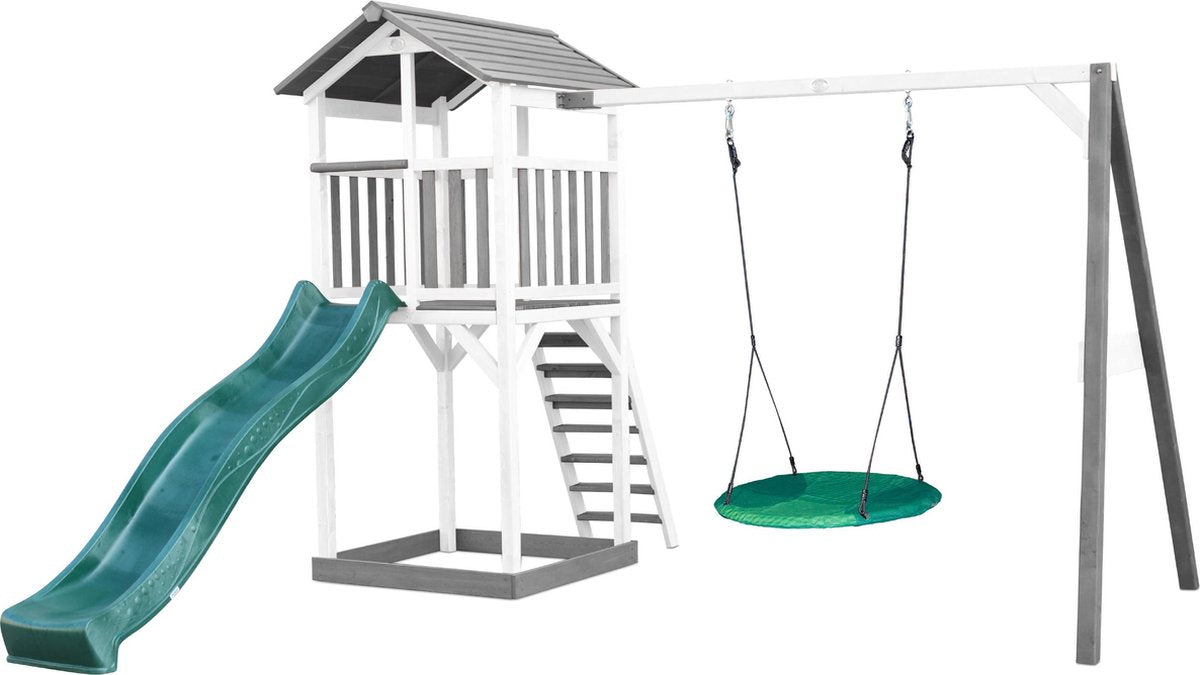 AXI Beach Tower Speeltoren met Summer Nestschommel Grijs/wit - Groene Glijbaan - Zandbak - FSC Hout