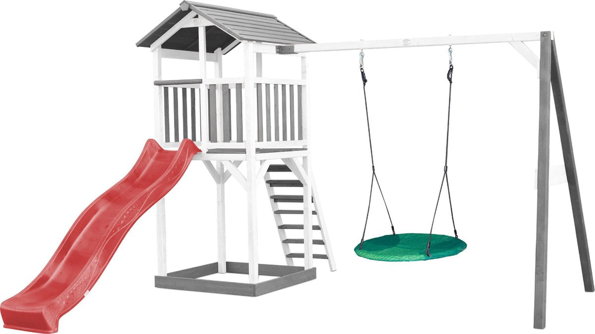 AXI Beach Tower Speeltoren met Summer Nestschommel Grijs/wit - Rode Glijbaan - Zandbak - FSC Hout