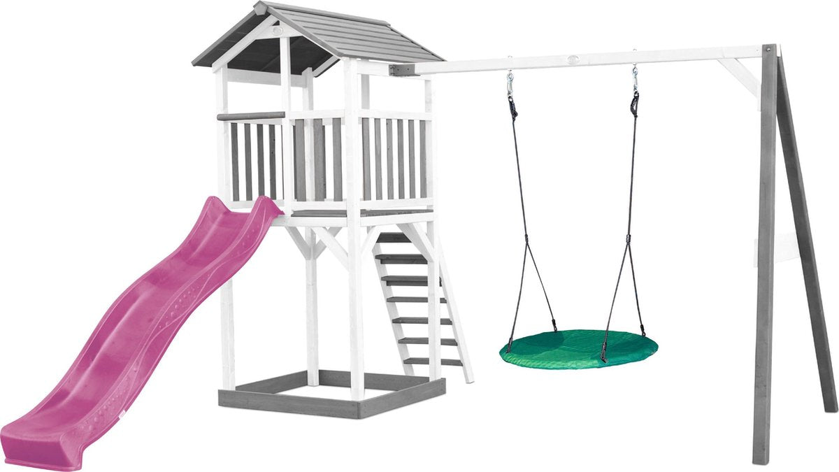 AXI Beach Tower Speeltoren met Summer Nestschommel Grijs/wit - Paarse Glijbaan - Zandbak - FSC Hout