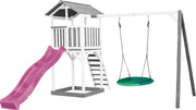 AXI Beach Tower Speeltoren met Summer Nestschommel Grijs/wit - Paarse Glijbaan - Zandbak - FSC Hout