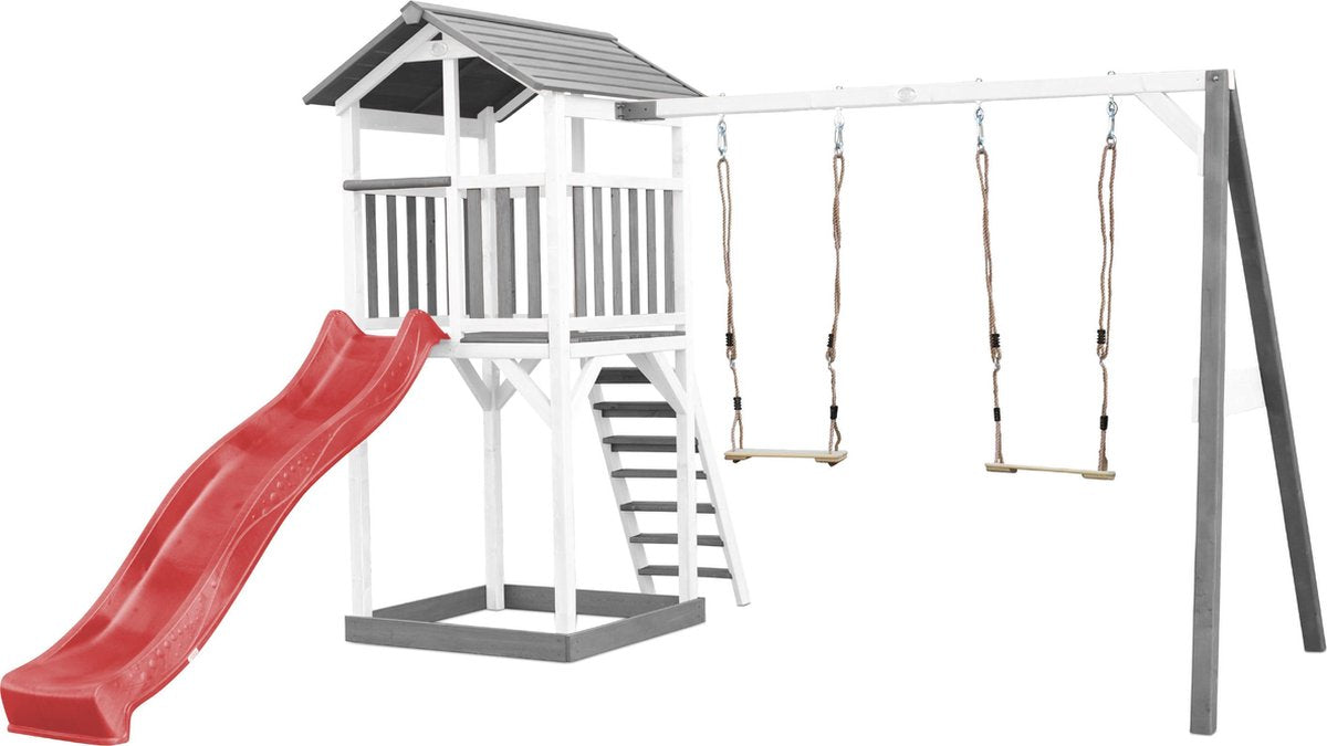 AXI Beach Tower Speeltoren met Dubbele Schommel Grijs/wit - Rode Glijbaan - Zandbak - FSC Hout