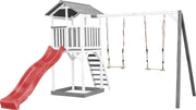 AXI Beach Tower Speeltoren met Dubbele Schommel Grijs/wit - Rode Glijbaan - Zandbak - FSC Hout