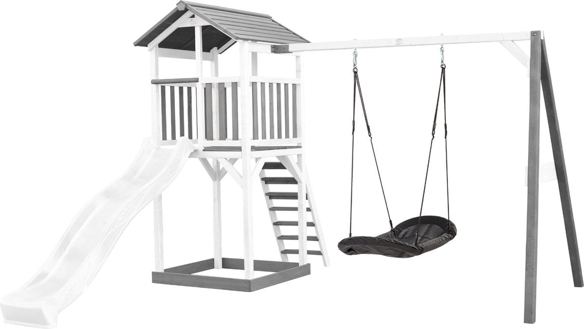AXI Beach Tower Speeltoren met Roxy Nestschommel Grijs/wit - Witte Glijbaan - Zandbak - FSC Hout