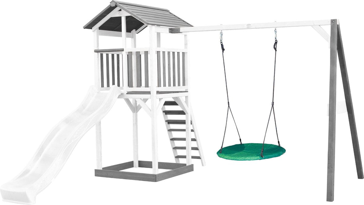 AXI Beach Tower Speeltoren met Summer Nestschommel Grijs/wit - Witte Glijbaan - Zandbak - FSC Hout