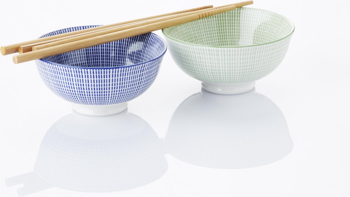 Point-Virgule Serviesset - 2 Rijstkommen - Met Chopsticks - Blauw en Groen - Ø 12 cm