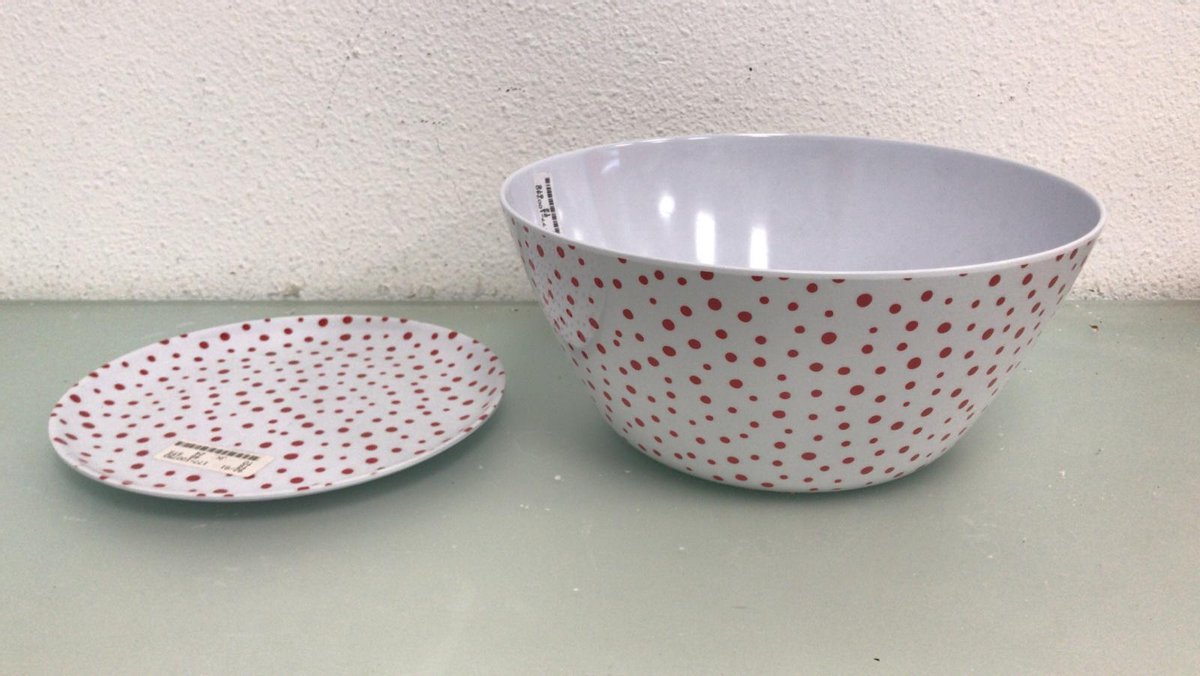 Plastic schaal en bord set - 2 stuks - Wit met rode stippen