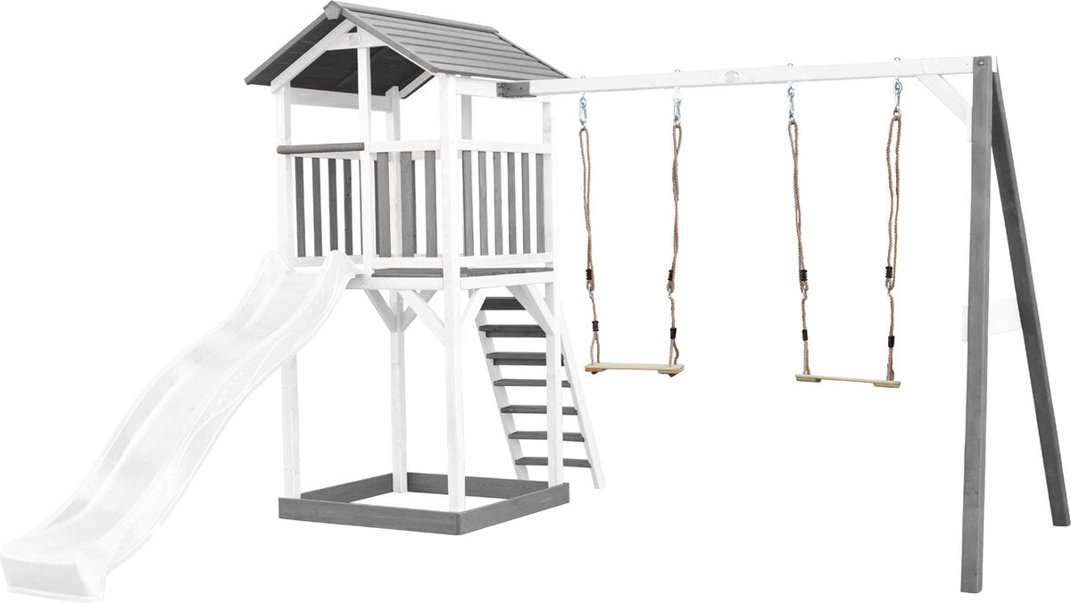 AXI Beach Tower Speeltoren met dubbele schommel Grijs/wit - Witte Glijbaan - Zandbak - FSC Hout