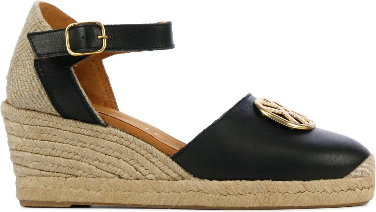 Unisa Vrouwen Leer Espadrilles / Damesschoenen Plateauzool Hoogte 6 - 6.5 cm Gesp sluiting -  Caspe - Zwart - maat 40