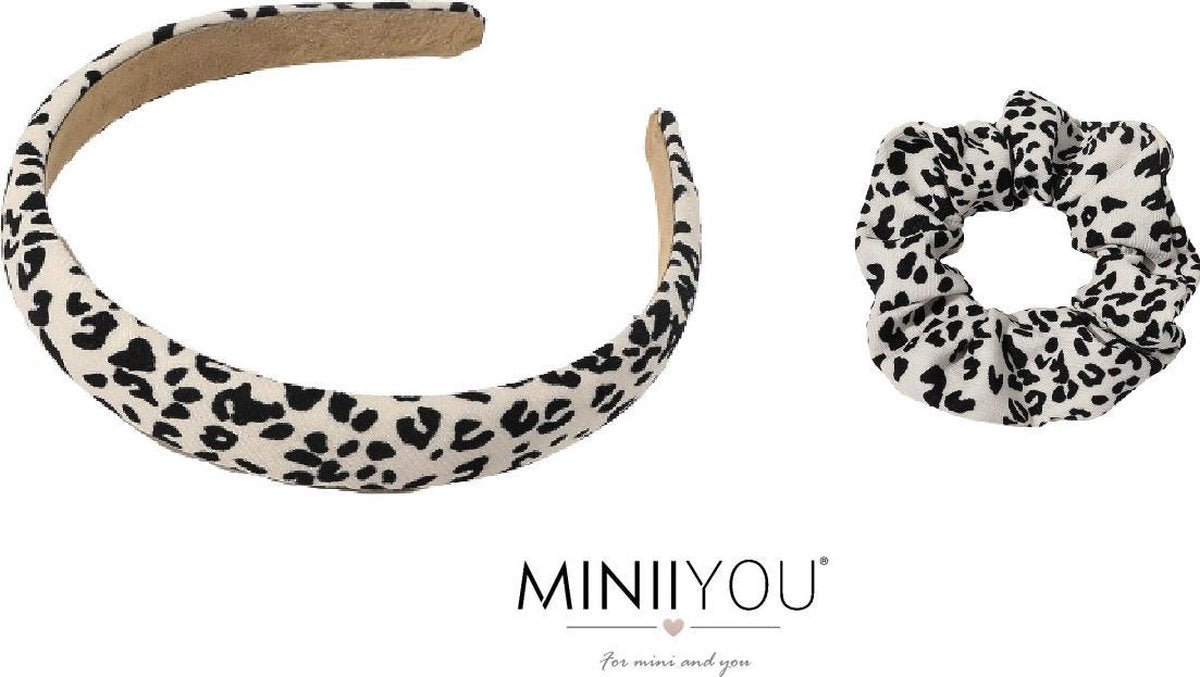 Set Dames Haarband Diadeem luipaard print wit + wit scrunchy elastiek