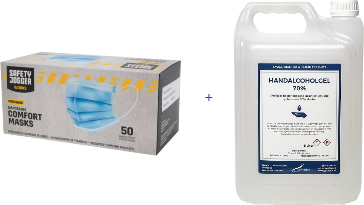 3 Laags Mondkapje - 50 stuks - Licht Blauw + Handgel - 5 liter