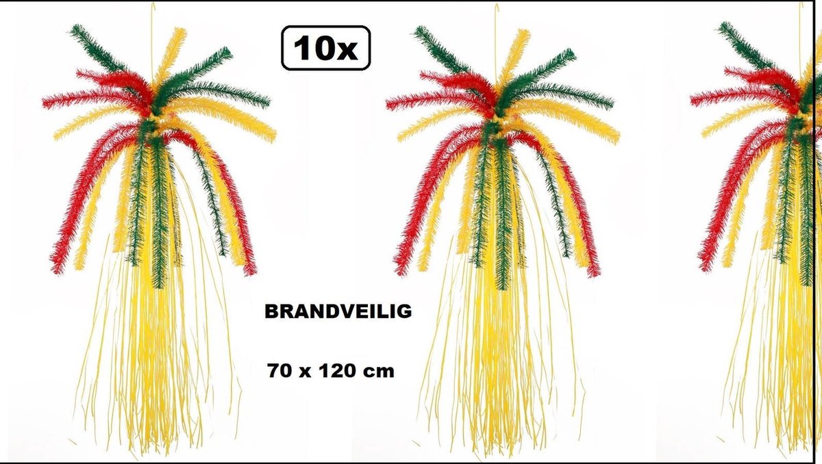 10x Super hang fontein met slierten 120cm rood/geel/groen  BRANDVEILIG - Carnaval hang decoratie thema feest festival party