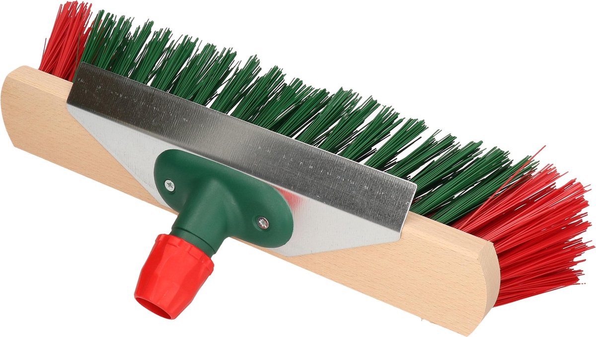 Houten harde straatbezem/buitenbezem met aluminium schraper elaston groen/rood 40 cm