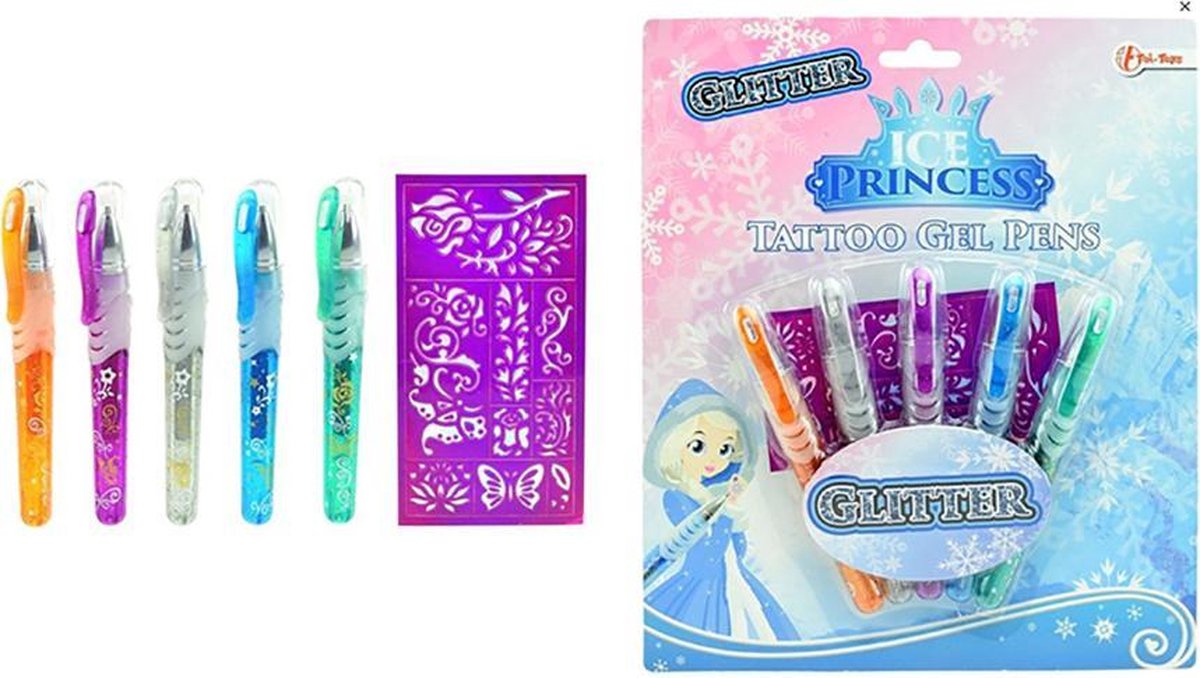 Tattoo gelpennen van ice princess | 5 STUKS met Sjabloon - gelpen - glitter