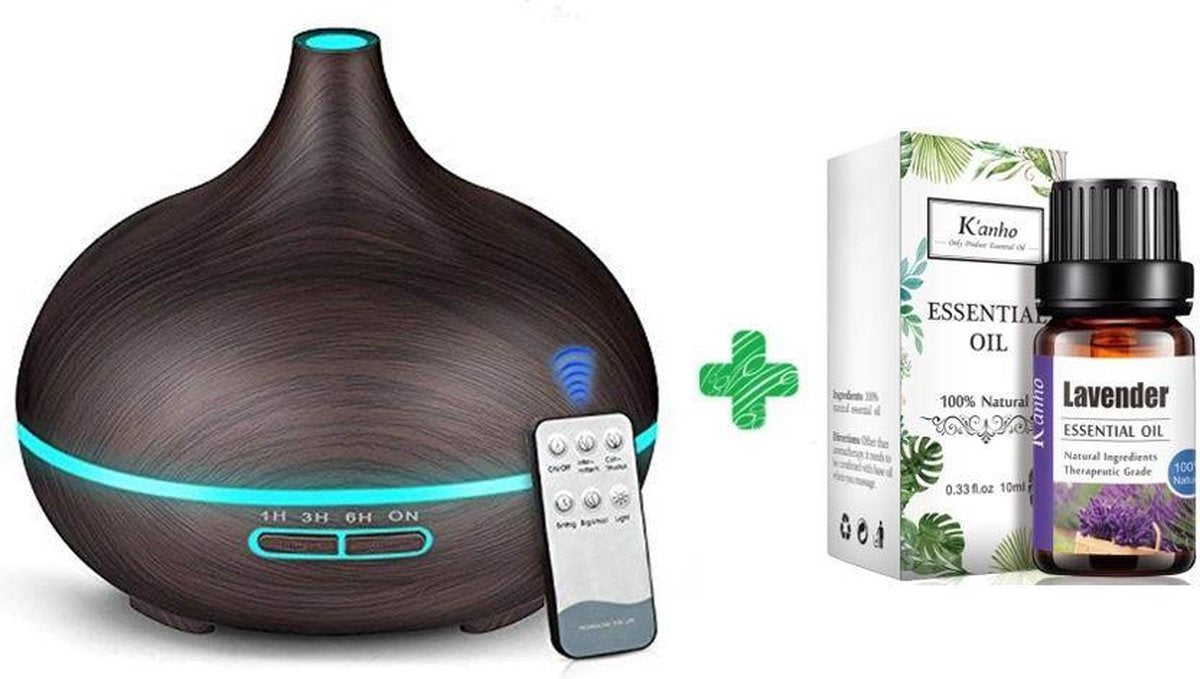 Aroma Diffuser 500ML + 100% Lavendel olie - Dark Wood Grain - verbeterde 2021 model