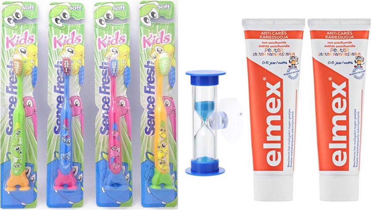 2x elmex kinder tandpasta en 4 x sence tandenborstels en zandloper