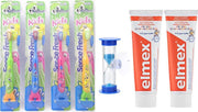 2x elmex kinder tandpasta en 4 x sence tandenborstels en zandloper