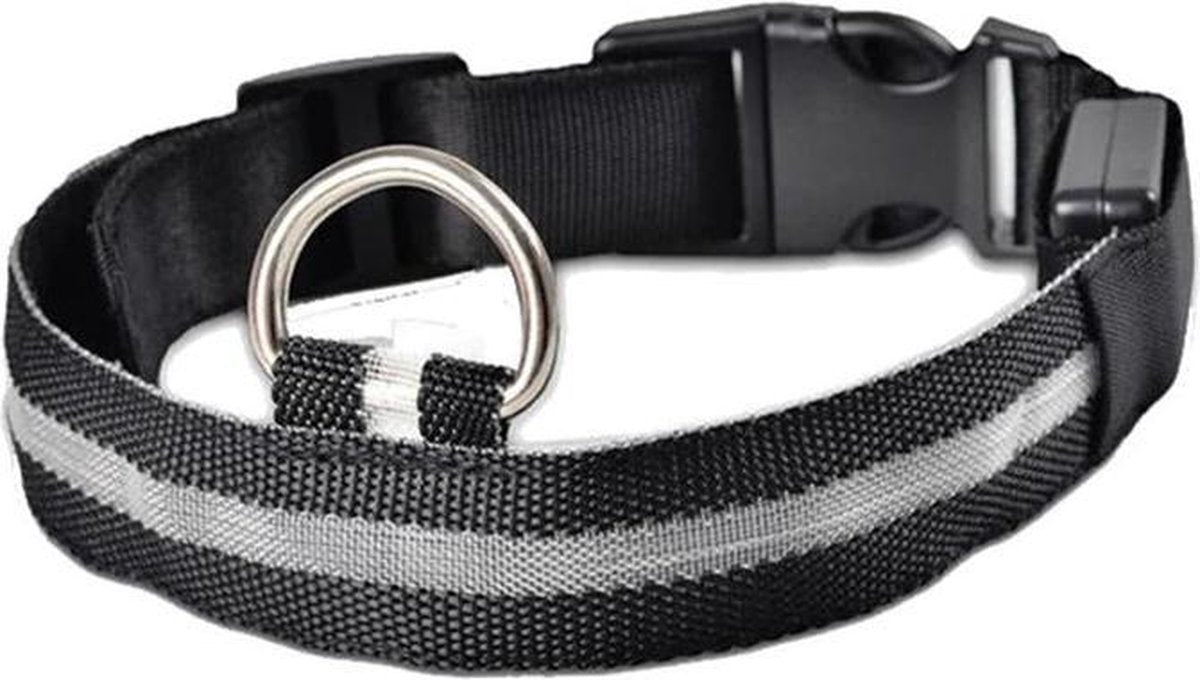 Halsband hond met LED licht - USB oplaadbaar - Hondenlamp - Leiband - Lichtgevend - Honden halsband - Katoen / metaal - Veiligheid - Maat M - Zwart / grijs / wit - 40 tot 48 cm - Inclusief laadkabel