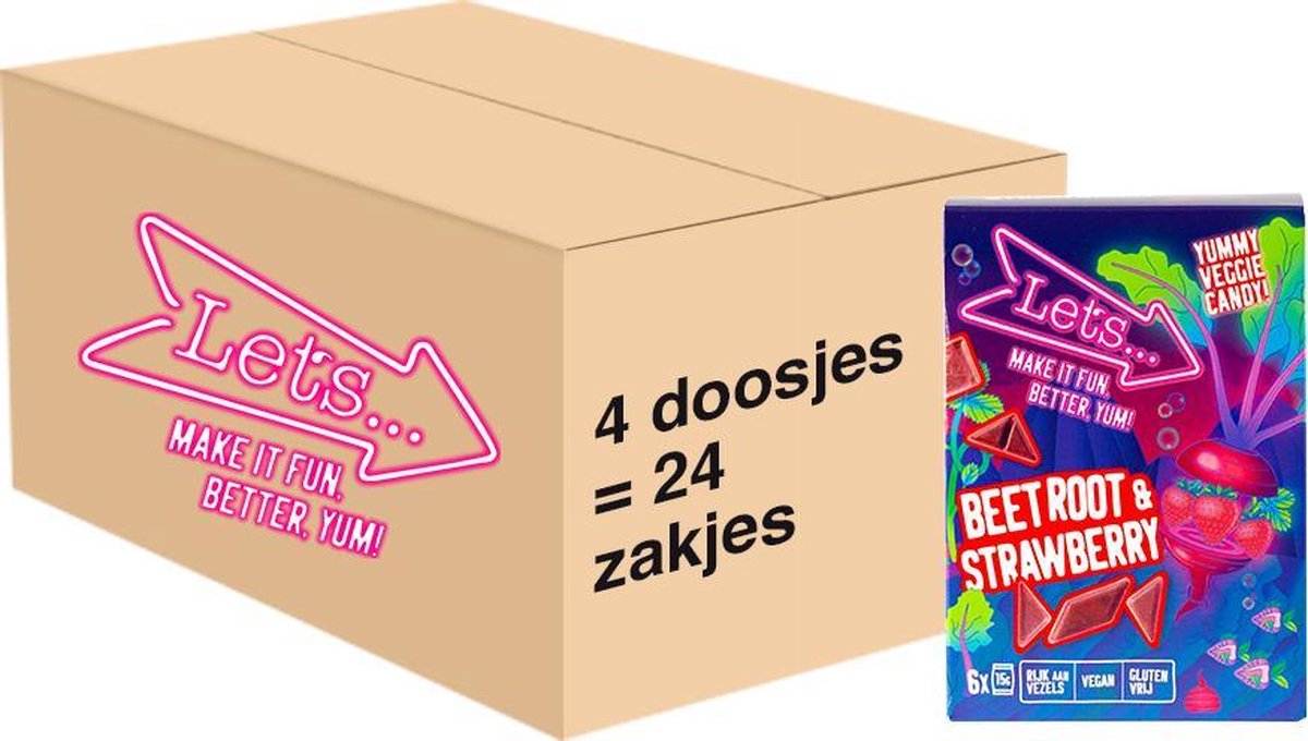 Let's - Biet & Aardbei smaak - Groente & Fruit Snoep - 4 doosjes x 90 gram - omdoos / grootverpakking