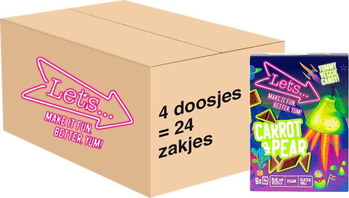 Let's - Wortel & Peer smaak - Groente & Fruit Snoep - 4 doosjes x 90 gram - omdoos / grootverpakking