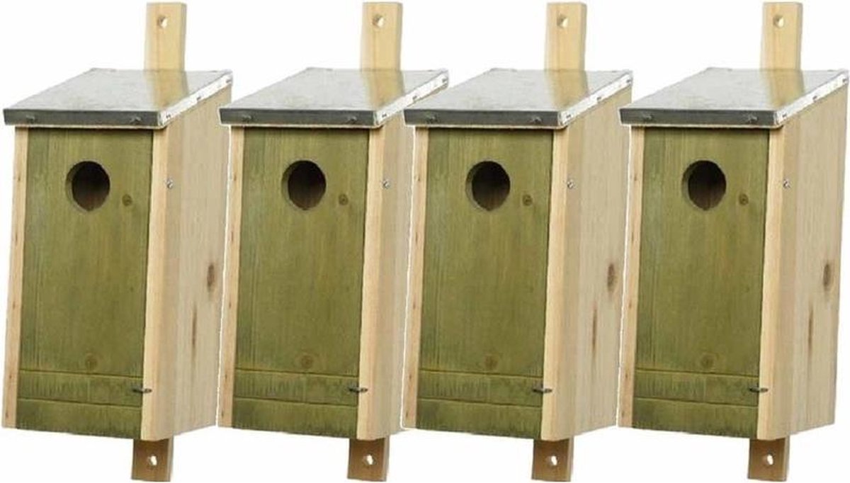 Set van 4 houten vogelhuisjes/nestkastjes met lichtgroene voorzijde en metalen dakje 26 cm - Vogelhuisjes tuindecoraties