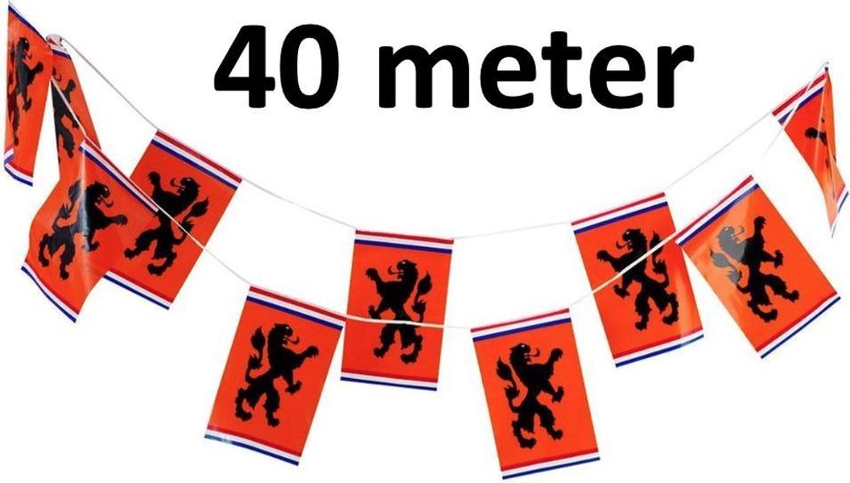 Oranje Vlaggetjes met Leeuw - Oranje vlaggenlijn - EK accessoires - Oranje versiering - EK 2021 - EK voetbal - 40 meter - 30 x 20cm