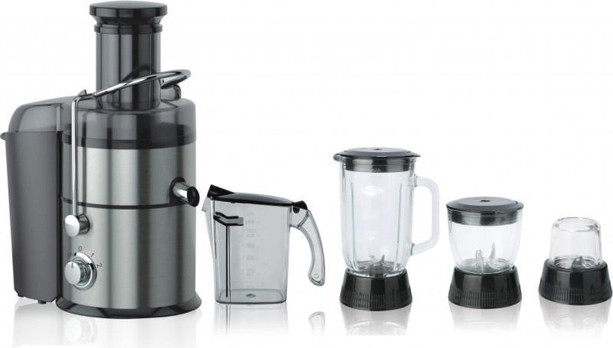 Deluxe 4 in 1 professionele fruit en groente pers met pulse functie - Inclusief blender + 2 hakmolens - 1000W - Inox