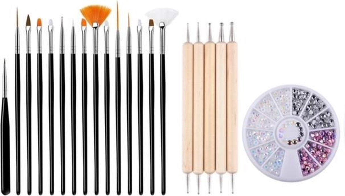 GUAPÀ - Nagel Penselen Set Zwart + Rhinestones Parelmoer + Druppel & Dotting Pennen - Nail Art