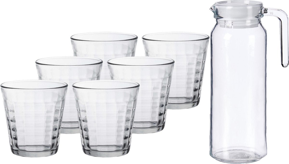 Glazen karaf/schenkkan met deksel van 1 liter met 6x stuks drinkglazen/waterglazen 275 ml