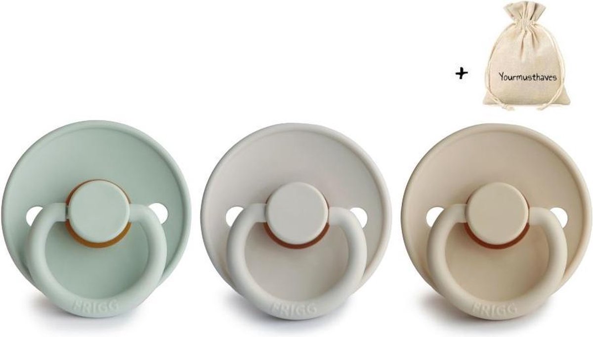 FRIGG | Fopspeen set 3 stuks | T1 | 0-6 maanden | Classic | Natuurrubber | Sea Foam + Silver Gray + Sandstone | Met Yourmusthaves speenzakje