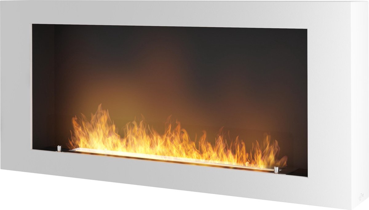 Bio ethanol haard - sfeerhaard met glasplaat – INGEBOUWDE- ISOLATIE -wandsfeerhaard- wit- 120x56cm- Infire Murall 1200