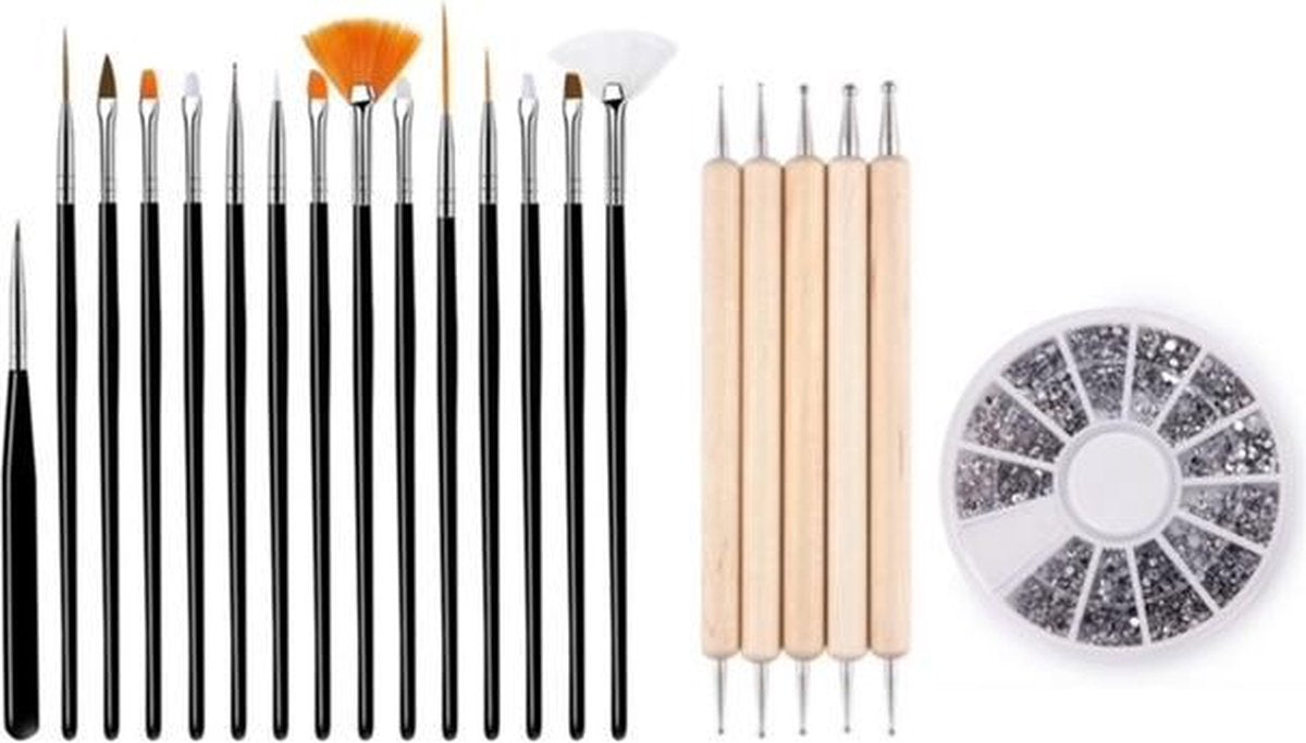 GUAPÀ - Nagel Penselen Set Zwart + Rhinestones Zilver + Druppel & Dotting Pennen - Nail Art