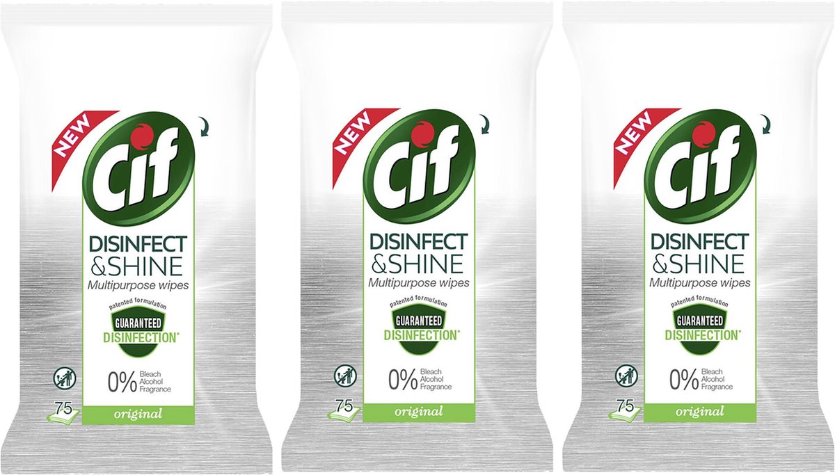Cif Desinfect & Shine alle oppervlakken vochtige doekjes - 3x 75 wipes = 225
