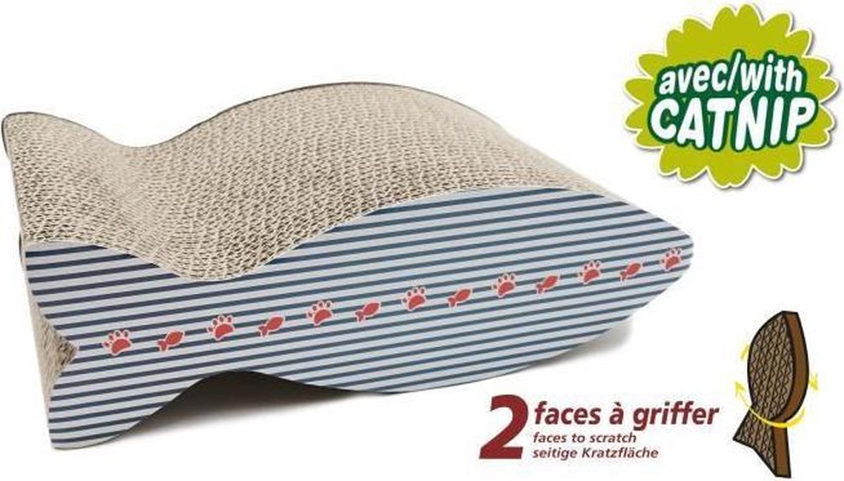 AIME Kartonnen krabpaal vissen - Robuust dubbelzijdig zeemansdecor - Leuk kattenspeelgoed - Afm. 35x21x11 cm - Blauw